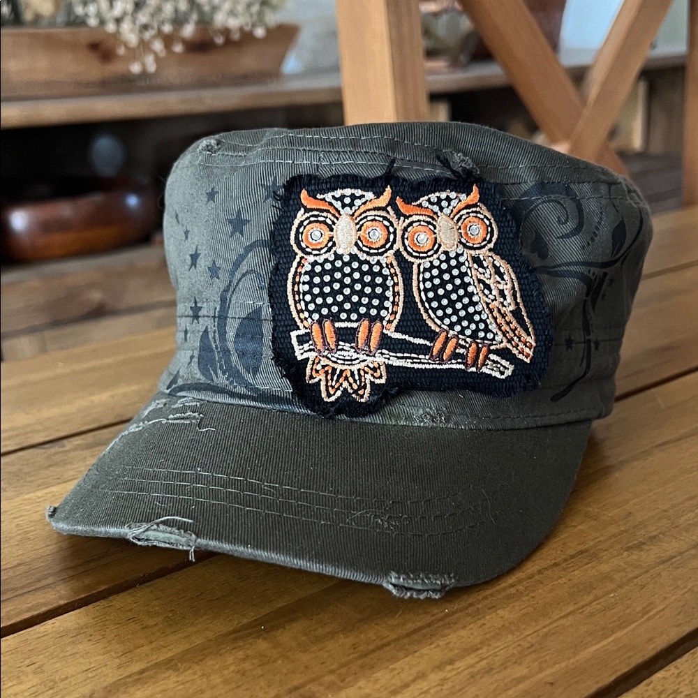 Wild Wear jeweled Owl distressed cadet hat adjustable olive